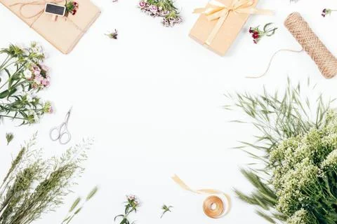 Festive flat lay frame made of rustic celebration elements Stock Photos