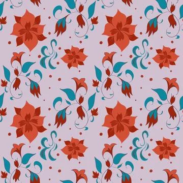 Festive floral seamless pattern with red flowers and teal ornaments Stock Illustration