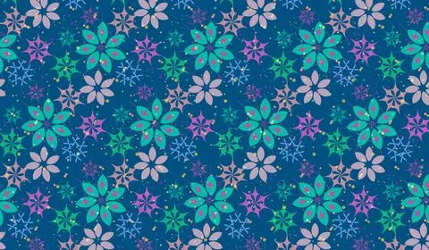 Festive Floral Snowflake Seamless Pattern In Turquoise, Purple And Navy Hol.. Stock Illustration