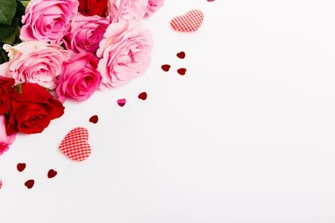Festive flower composition on blue background. Overhead view Stock Photos