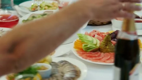 Festive Food Table with Buffet, and Party. Stock Footage 305808330