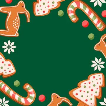 Festive frame with gingerbread cookie, candy cane and decorative snowflakes on Stock Illustration