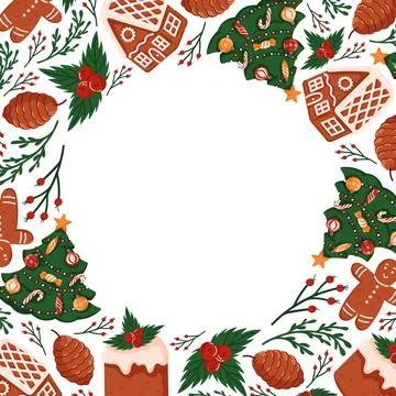 Festive frame with gingerbread house, man, pine cone, holly cake and Christmas Stock Illustration
