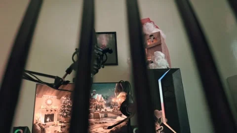 Festive Gaming Setup with Christmas Lights and Holiday Decorations Video stock 299574907