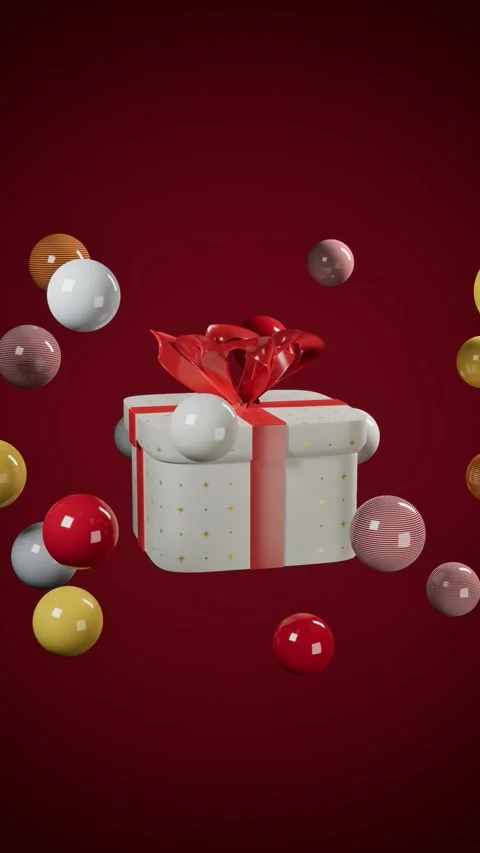 Festive gift box with floating spheres on red background. 3d rendering Video stock 340353860