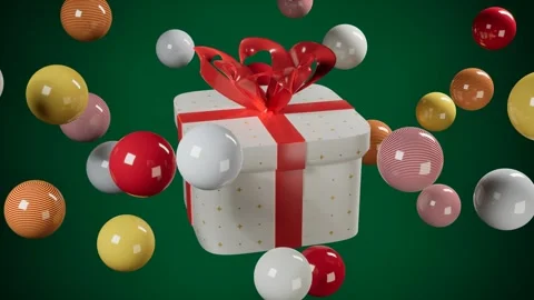 Festive gift box with floating spheres. 3d rendering Video stock 340353971