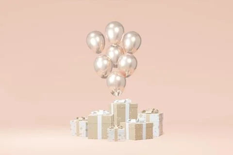 Festive gift box presentation, balloon beige background. Advertising store .. Stock Photos