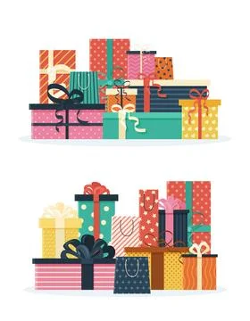 Festive gift boxes and present packages. 스톡 일러스트