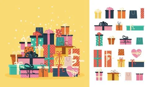 Festive gift boxes and present packages. イラスト素材