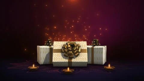 Festive Gift Boxes with Glowing Diyas and Golden Particles 스톡 일러스트