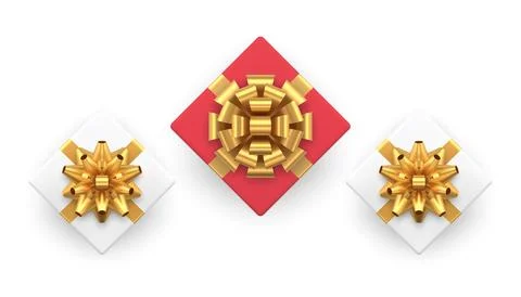 Festive gift boxes squared closed wrapped package metallic bow ribbon top vie Stock Illustration