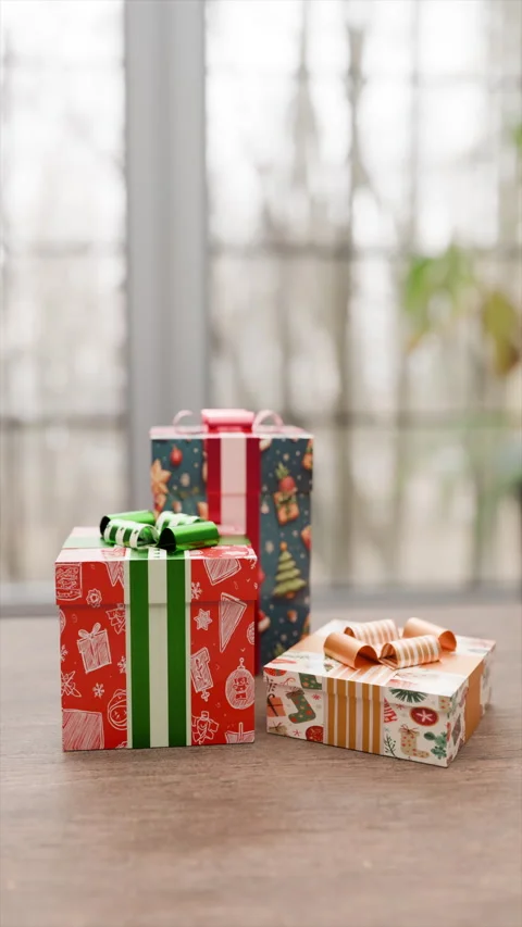 Festive gift boxes stacked in cozy indoor setting with natural light, greenery Stock Footage 314453667