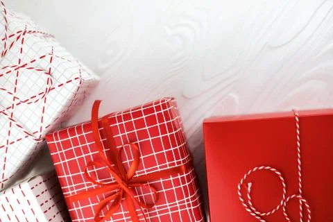 Festive gift boxes on white background. Stock Photos