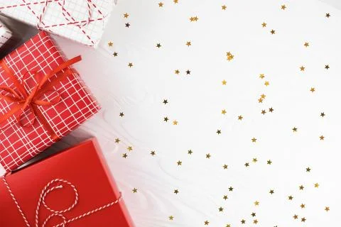Festive gift boxes on white background. Stock Photos