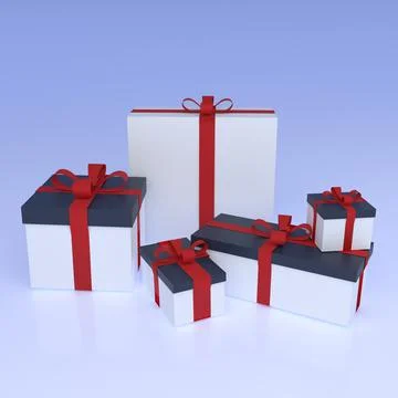 Festive gift, white boxes with red ribbon, isolated image Stock Illustration