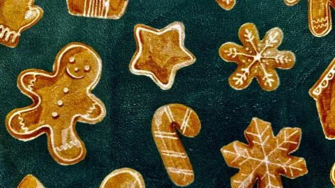 Festive gingerbread cookie pattern on emerald green fabric with snowflakes ca Stock Photos