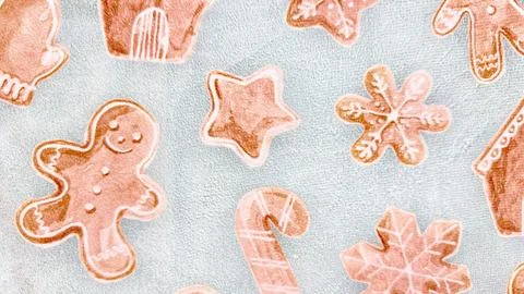 Festive gingerbread cookie pattern with star, snowflake, candy cane and house Stock Photos