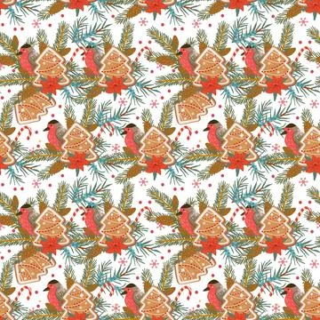 Festive gingerbread pattern featuring Christmas cookies, fir branches, and Stock Illustration