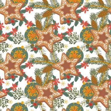 Festive gingerbread pattern featuring Christmas cookies, fir branches, and Stock Illustration