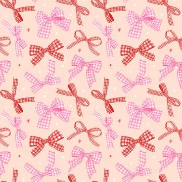 Festive Gingham Ribbon Bow Seamless Pattern Red Pink Repeating Stripes Back.. Illustrazione stock