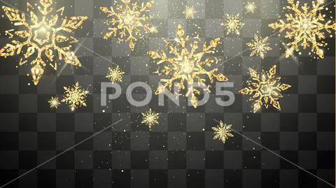Festive golden snowflakes isolated on transparent background. New Year Eve an Stock Illustration