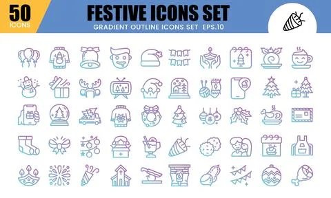 Festive Gradient Outline Icons Set. Vector illustration.This icons related .. Stock Illustration