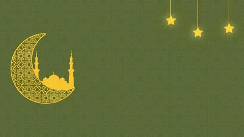 A festive green background with Islamic geometric patterns, a yellow cresce.. Stock Illustration