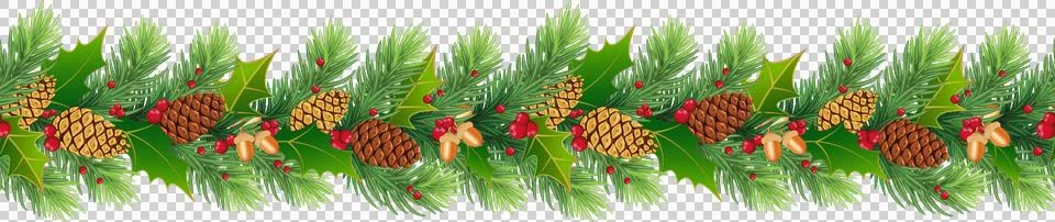 Festive green garland of pine, red berries, mistletoe, holly and pine cones.. Stock Illustration