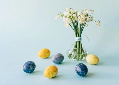Festive greeting card with Easter painted eggs. Stock Photos