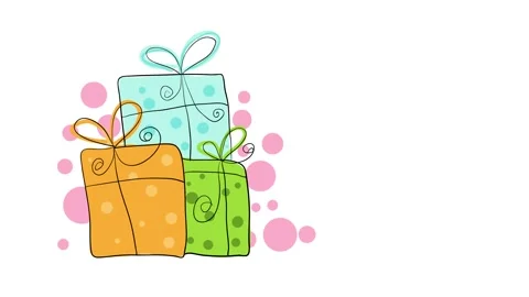 Festive greeting card with gift boxes decorated with pink confetti and fun Stock Footage 132071059