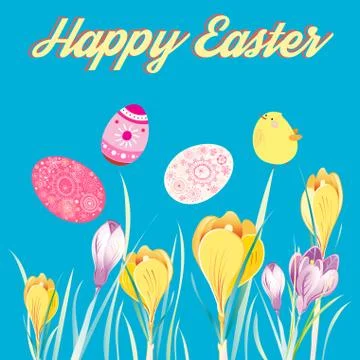 Festive greeting Easter card with eggs and chicken Stock Illustration