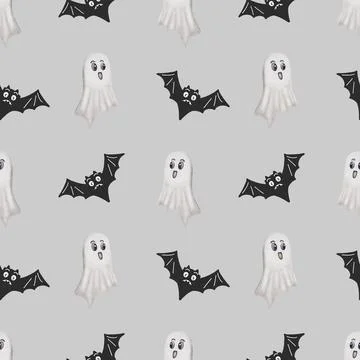 Festive Halloween pattern featuring playful bats and cheerful spirits in a .. Stock Illustration