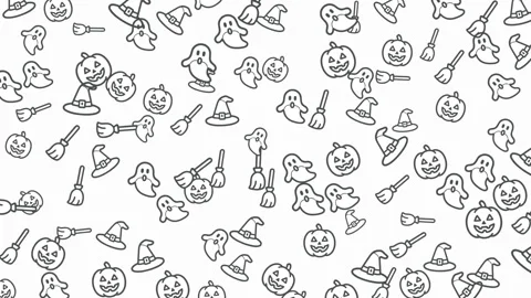Festive Halloween Pattern of Ghosts Jack-o'-Lanterns and Hats in Black and .. Stock Footage 319316027