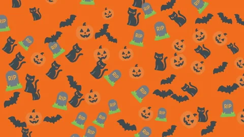 Festive Halloween seamless pattern with black cats pumpkins bats and graves.. Stock Footage 319313967