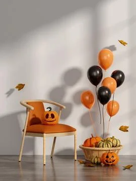 Festive Halloween Setup with Pumpkins and Balloons 3D Render Stock Illustration