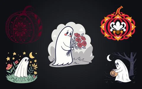 Festive halloween sticker set with ghosts and patterned pumpkins on dark gr.. Stock Illustration
