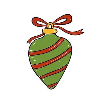 Festive hand drawn vector ornament with red ribbon and green stripes for holiday Stock Illustration