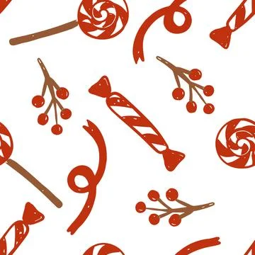 Festive hand drawn vector pattern featuring Christmas candies and decorations Stockillustratie