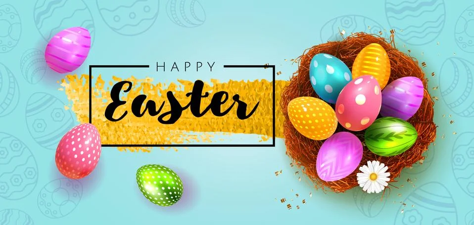 Festive Happy Easter Blue horizontal banner. Realistic 3d design elements Illustrazione stock