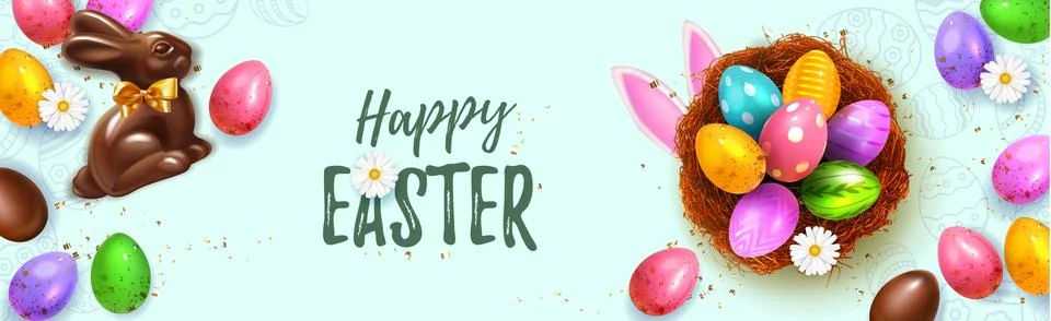 Festive Happy Easter Blue horizontal web banner. Realistic 3d Spring holiday Stock Illustration