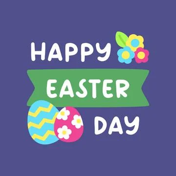 Festive Happy Easter Day Greeting with Banner, Eggs, and Flowers Stock Illustration