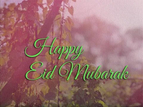 Festive Happy Eid Mubarak greeting in elegant green script over a soft pink.. Ilustração Stock