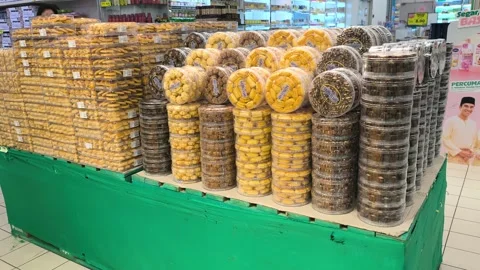 Festive Hari Raya Cookies in Sturdy Jars at a Malaysian Supermarket Stock Footage 334722790