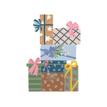 A festive heap of beautifully wrapped presents with decorative bows, creating Illustrazione stock