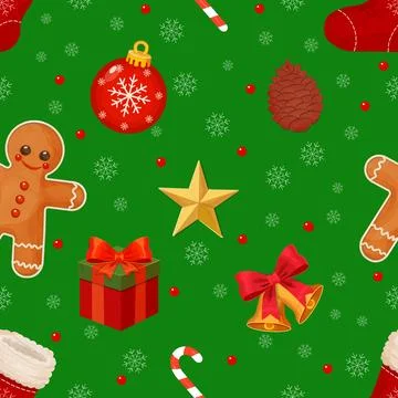 Festive Holiday Background Featuring Gingerbread, Ornaments, and Christmas Stock Illustration