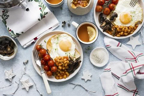 Festive holiday breakfast table flat lay food photography Stock Photos