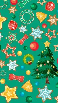 Festive Holiday Pattern with Gingerbread Cookies and Decorated Christmas Tree イラスト素材