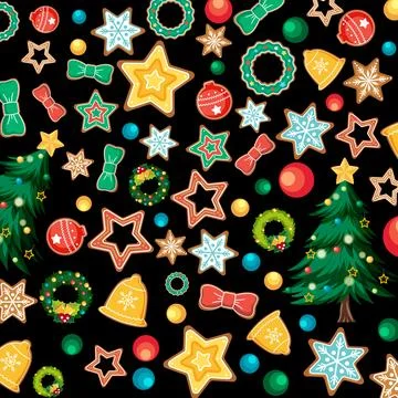 Festive Holiday Pattern with Gingerbread Cookies and Christmas Trees on Black Stock Illustration
