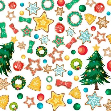 Festive Holiday Pattern with Gingerbread Cookies and Christmas Trees Stock Illustration