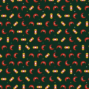 Festive holiday seamless pattern featuring crescent moons and lanterns on gre Stock Illustration